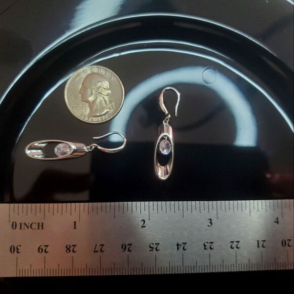 Round White Crystal Long Dangle Fishhook Earrings on 925 Silver - Picture 6 of 11